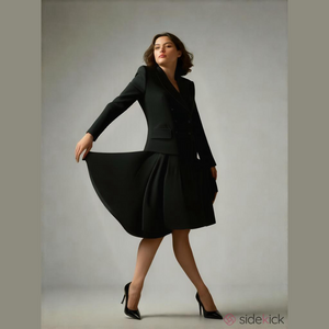 80s JONES NEW YORK BLACK CREPE FABRIC DOUBLE BREASTED BLAZER & YOKE CIRCLE SKRIT
